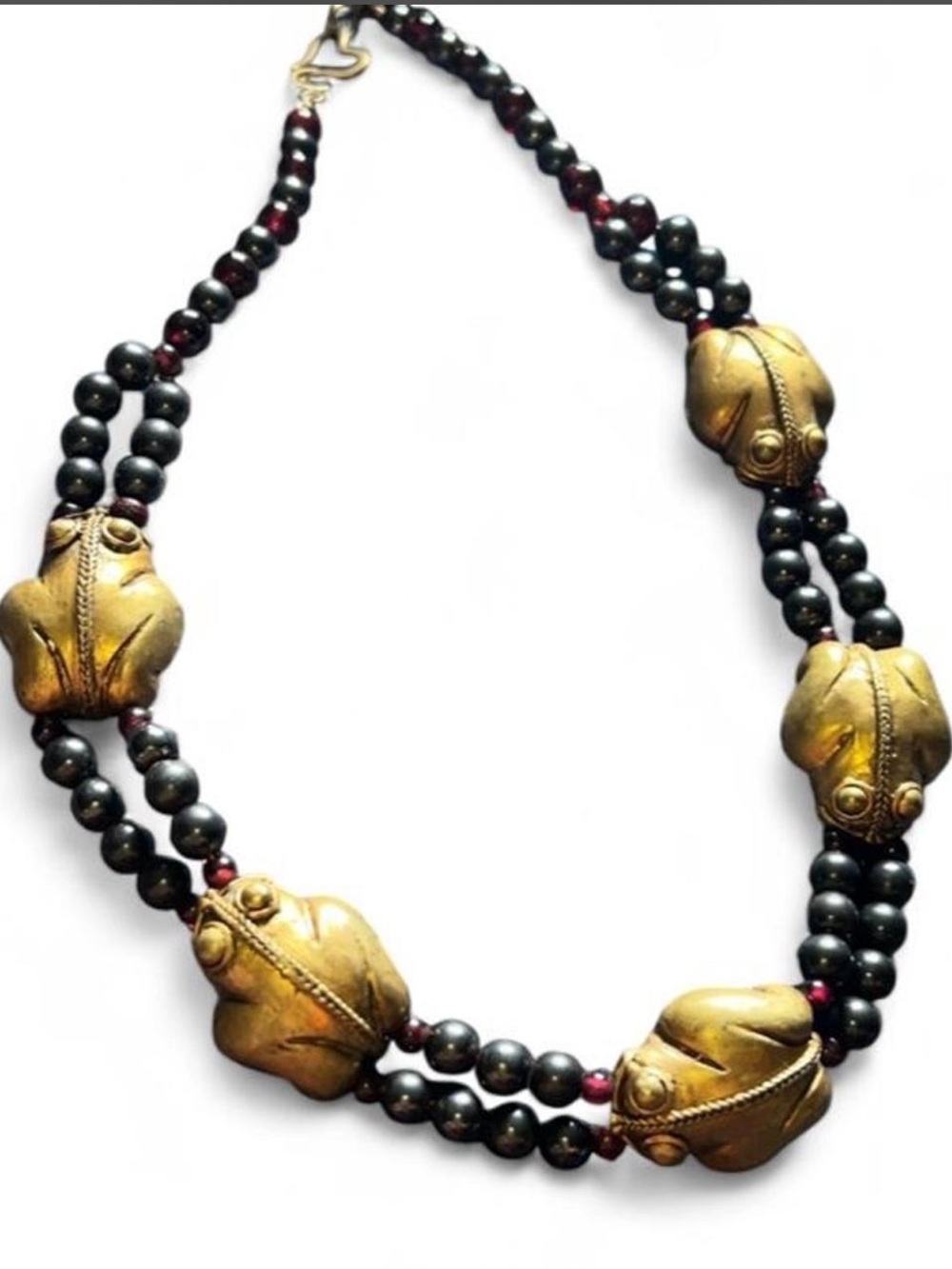 Vintage Pre Colombian Frog Gold Tone Onyx Garnet Beaded Necklace - Picture 16 of 16